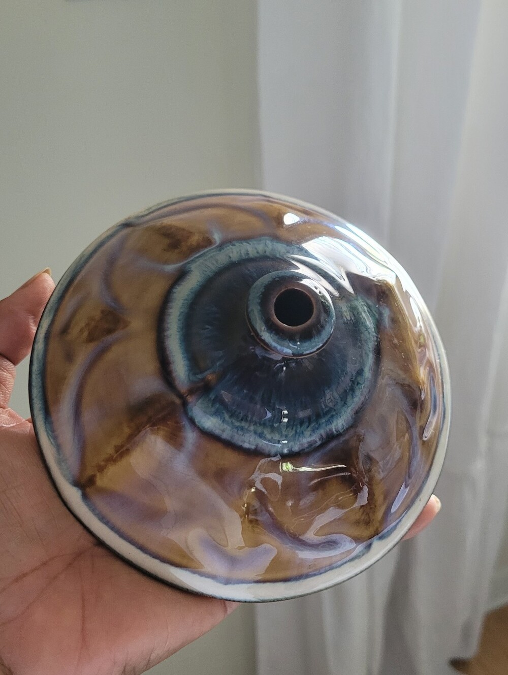 Handmade Glazed Ceramic Oil Burner Lamp in Brown and Teal 5.5"